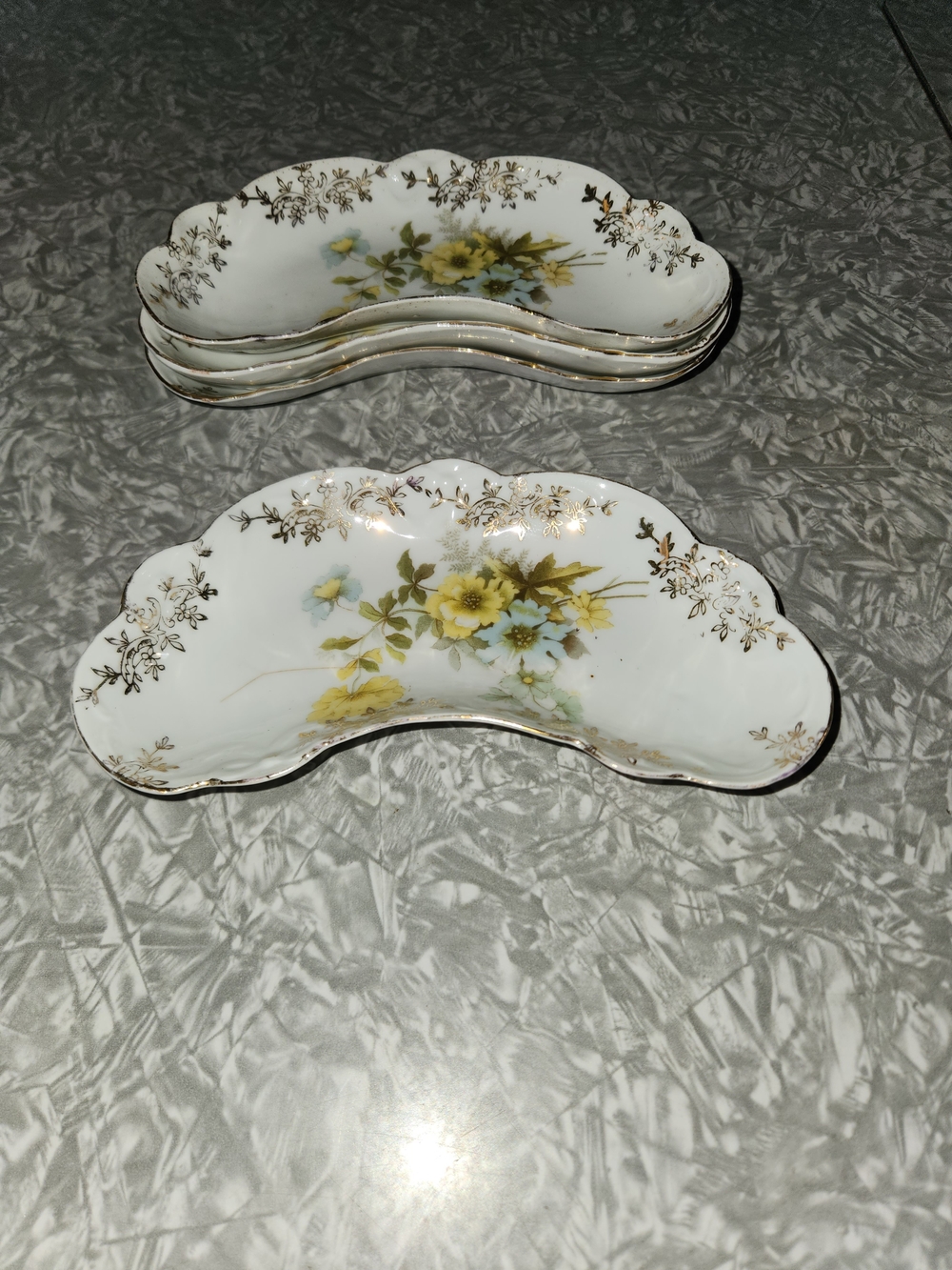 Floral Crescent Bone China Dish - White with Yellow and Green Flowers, Gold Trim